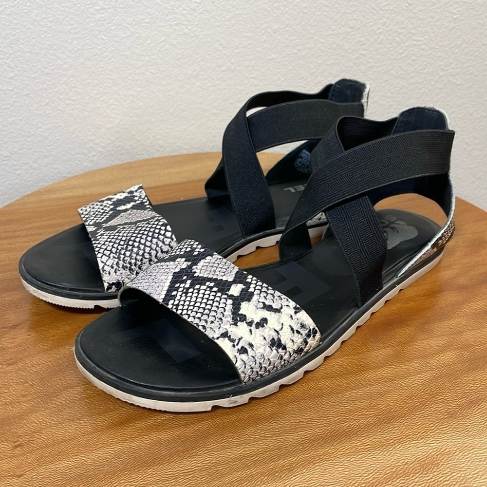 Women’s Sorel Ella II Sandal Faux Snake Skin Black Off White Size 10